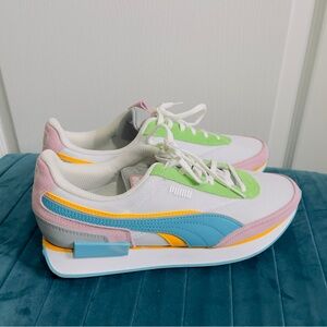 Puma Women's Future Rider Double sneakers in Pink/Green colorway. 9.5